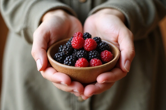 A serene image of hands holding a small bowl of berries, symbolizing mindful eating and appreciation for food, with a soft, warm background.