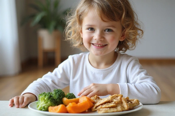 A child happily eating a balanced meal with colorful vegetables, lean protein, and whole grains, emphasizing healthy child nutrition.