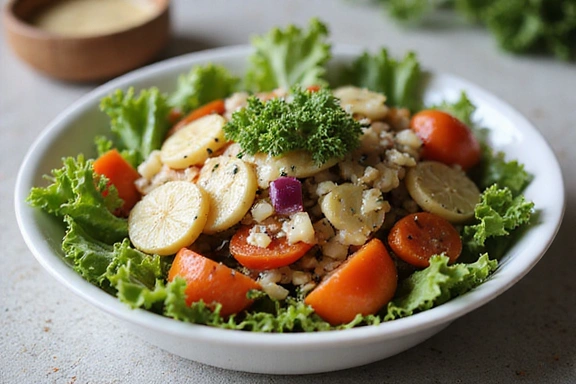 A vibrant bowl of fresh salad with various colorful vegetables and a light dressing, symbolizing healthy eating and nutrition.