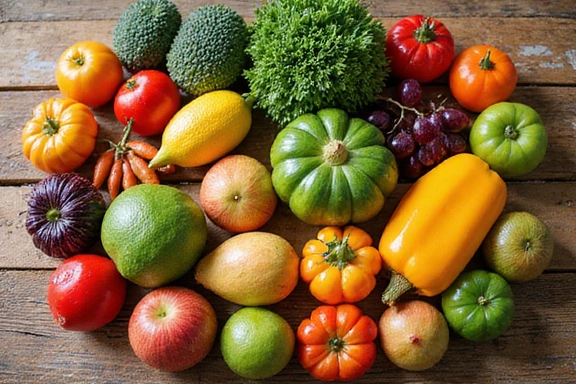 A colorful array of fruits and vegetables arranged artfully, representing the diversity and richness of a diet focused on disease prevention.