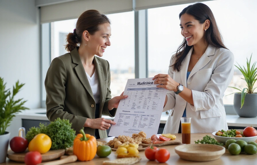 A nutritionist explaining a personalized meal plan to a smiling client, surrounded by fresh fruits and vegetables.