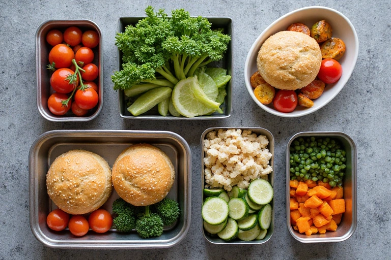 A beautifully arranged healthy meal prep containers with fresh ingredients.