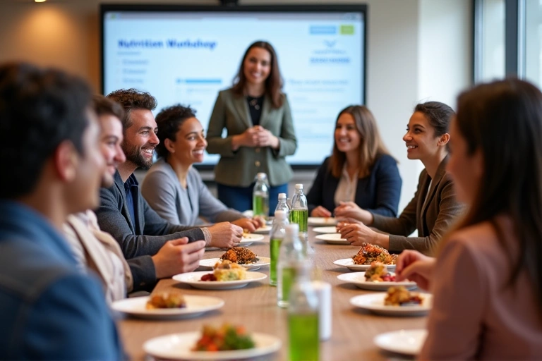 A group of people actively participating in a nutrition workshop, with a speaker presenting on a screen.